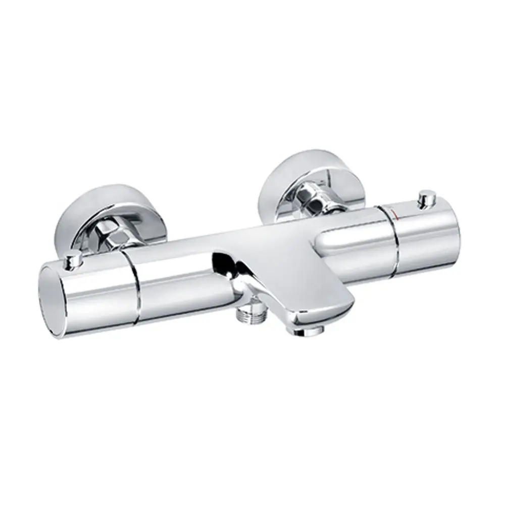 Kludi-Armatur in chrom mit zwei runden Befestigungsplatten, kombiniert für eine Badewanne, mit einem mittig angebrachten Wasserhahn und Temperaturregler.